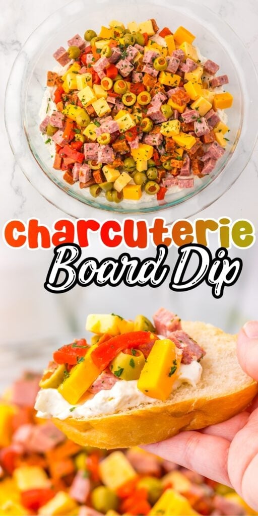A bowl of charcuterie board dip and a slice of bread topped with the dip.
