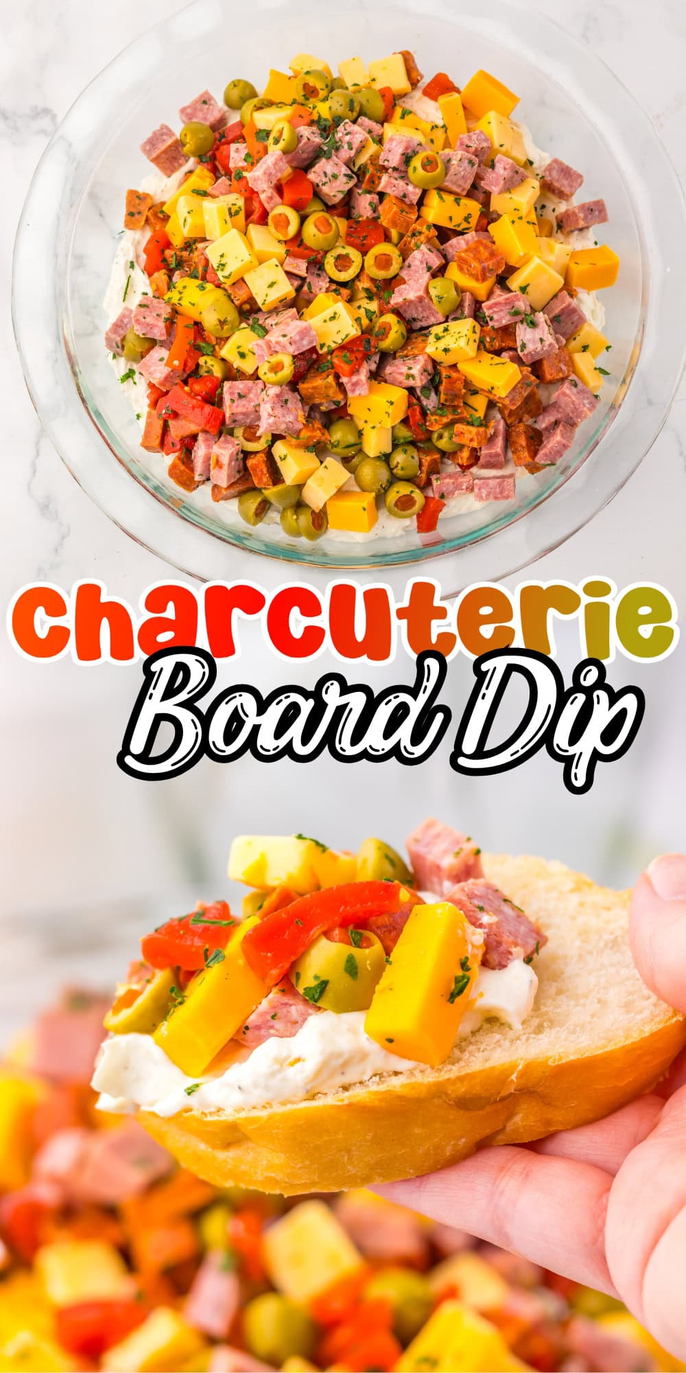 A bowl of charcuterie board dip and a slice of bread topped with the dip.