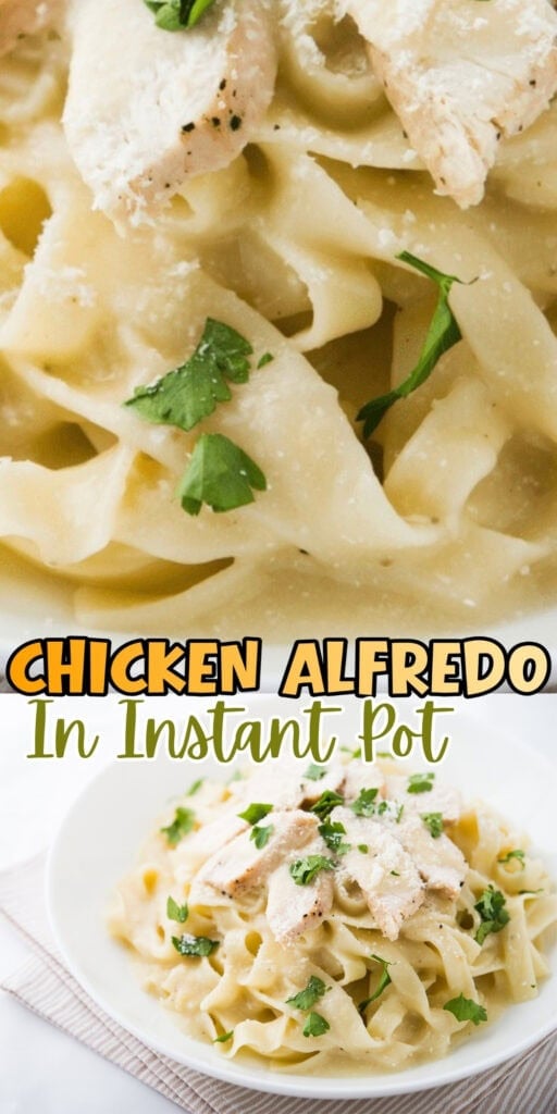 Chicken Alfredo pasta with sliced chicken and parsley, served in a white bowl.