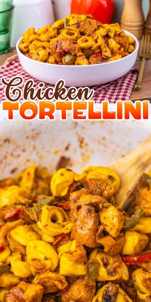 Chicken tortellini pasta with vegetables in a white bowl and close-up view.