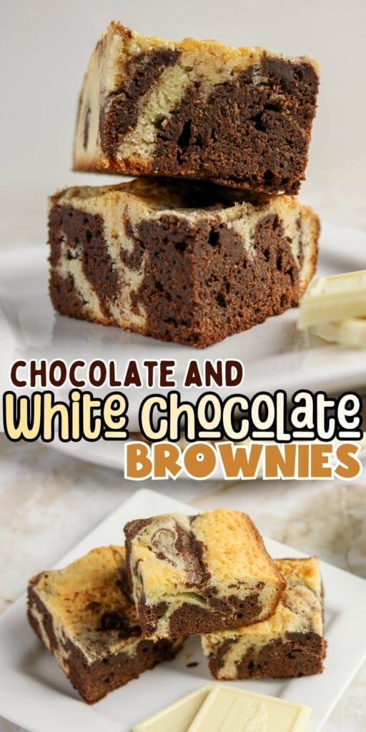 Marbled chocolate and white chocolate brownies stacked on white plates.
