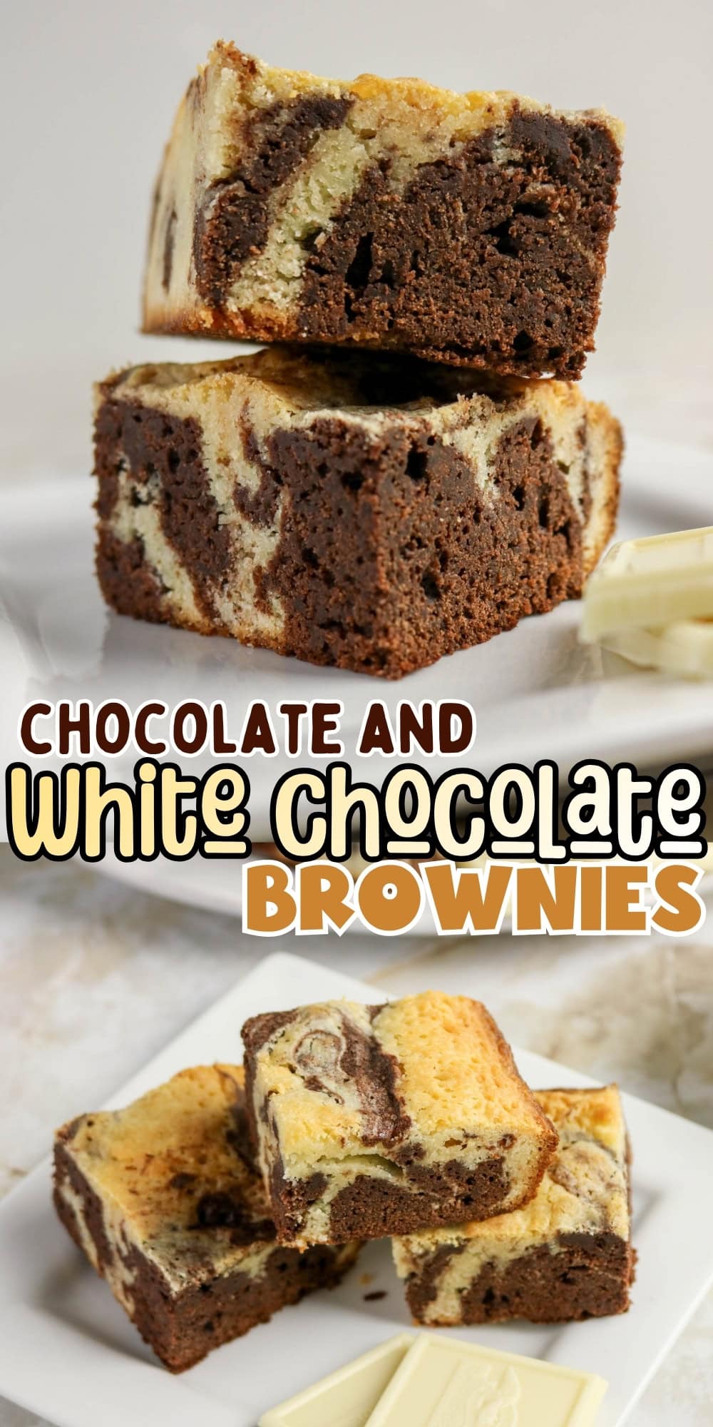 Marbled chocolate and white chocolate brownies stacked on white plates.