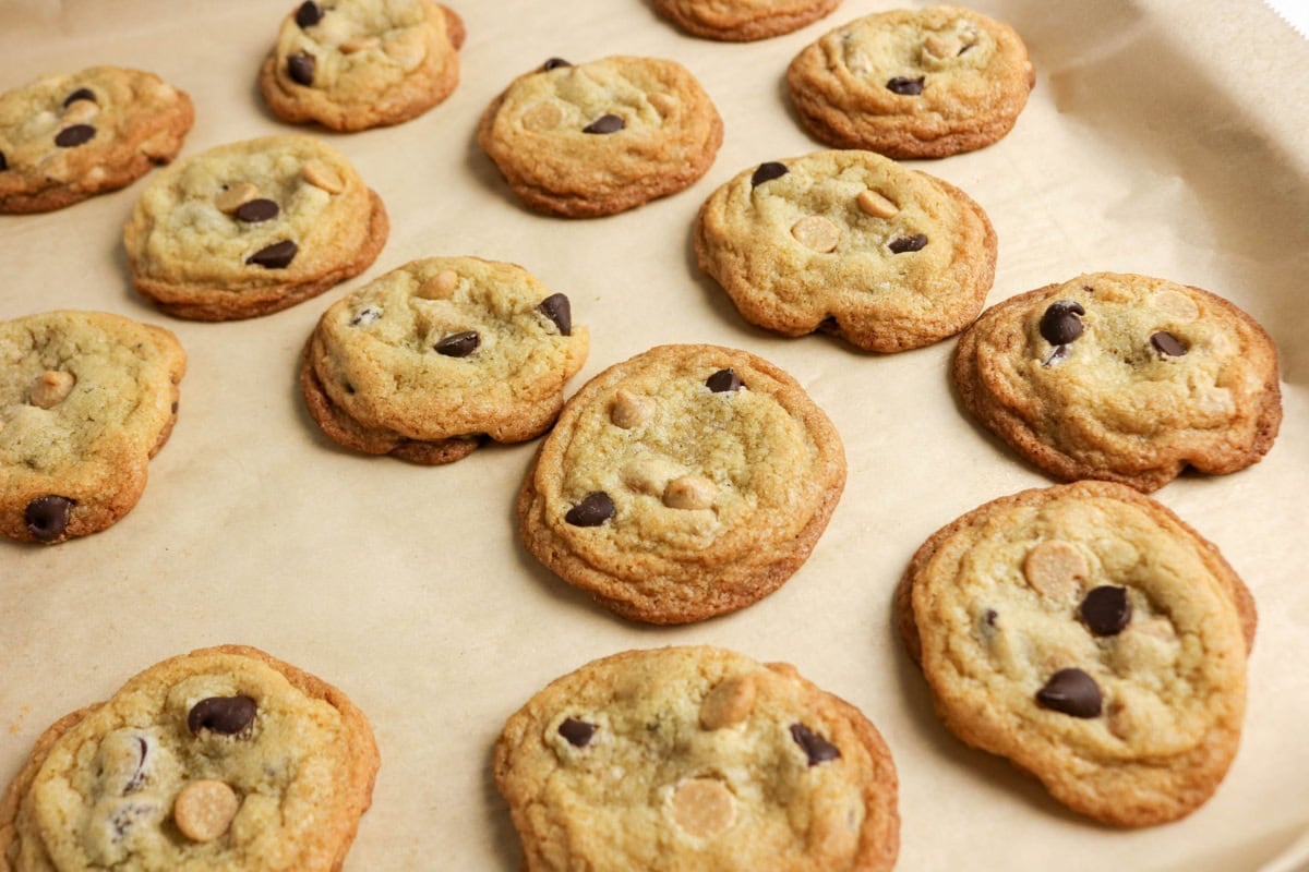Freshly baked chocolate chip cookies on a parchment-lined baking sheet.