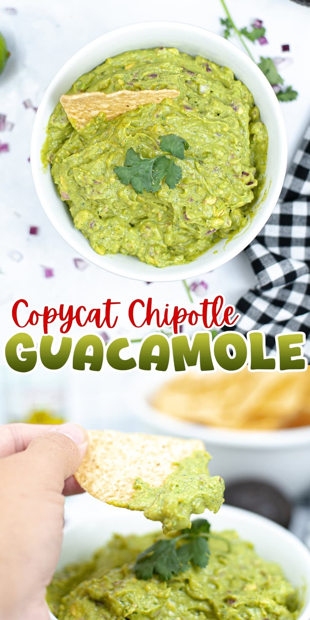 A bowl of guacamole with a tortilla chip and cilantro garnish.
