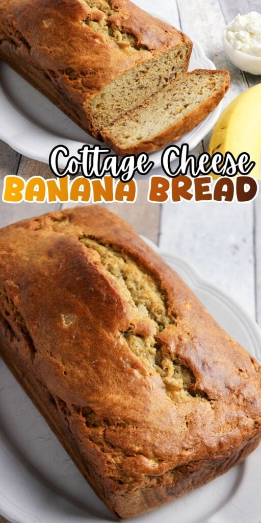 Loaf of cottage cheese banana bread on a white plate, with a sliced piece.