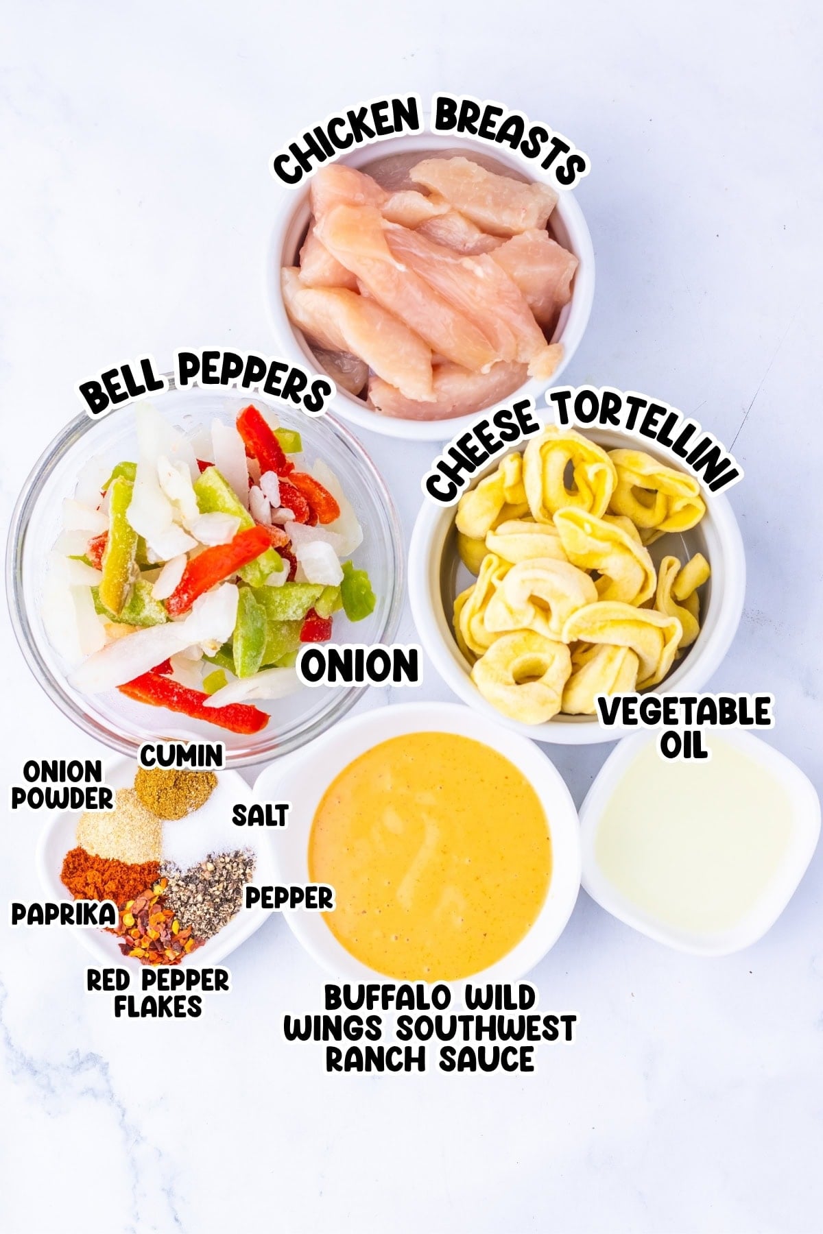 Bowls of chicken, bell peppers, onion, cheese tortellini, spices, oil, and sauce.