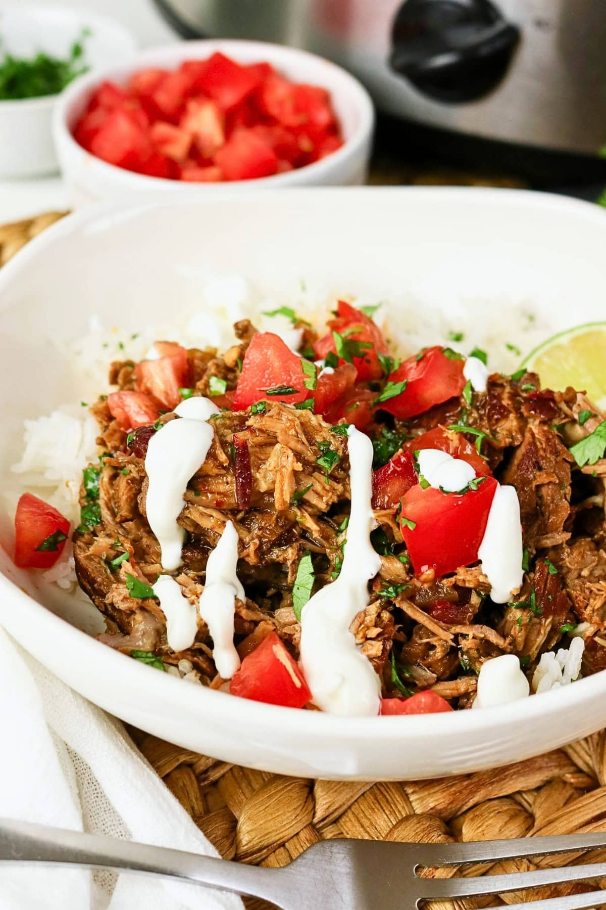 Shredded meat over rice with diced tomatoes, herbs, and white sauce drizzle.