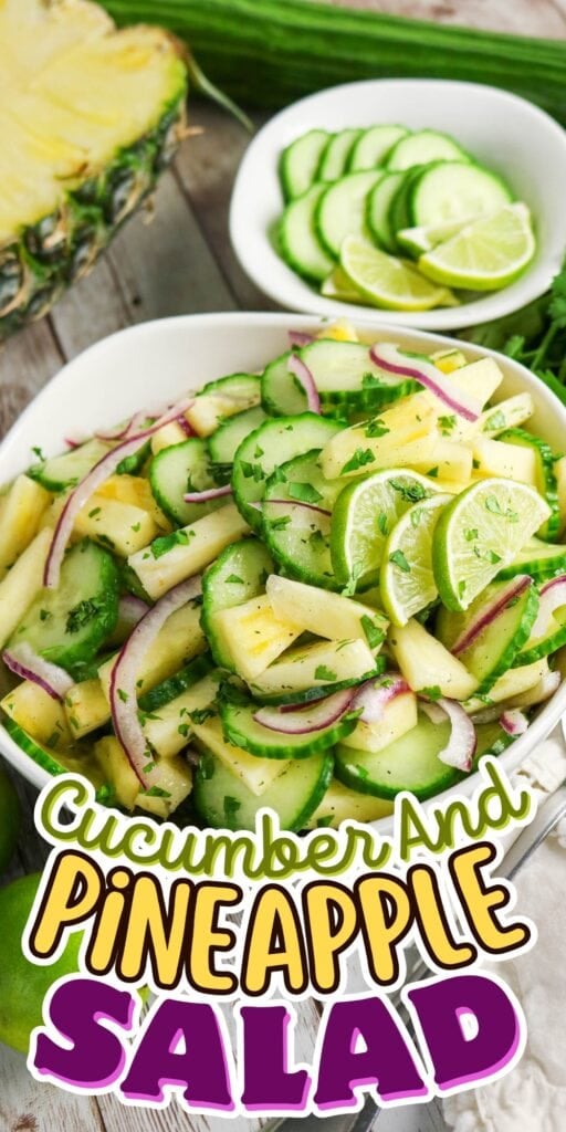 Bowl of cucumber and pineapple salad with lime, onions, and herbs.