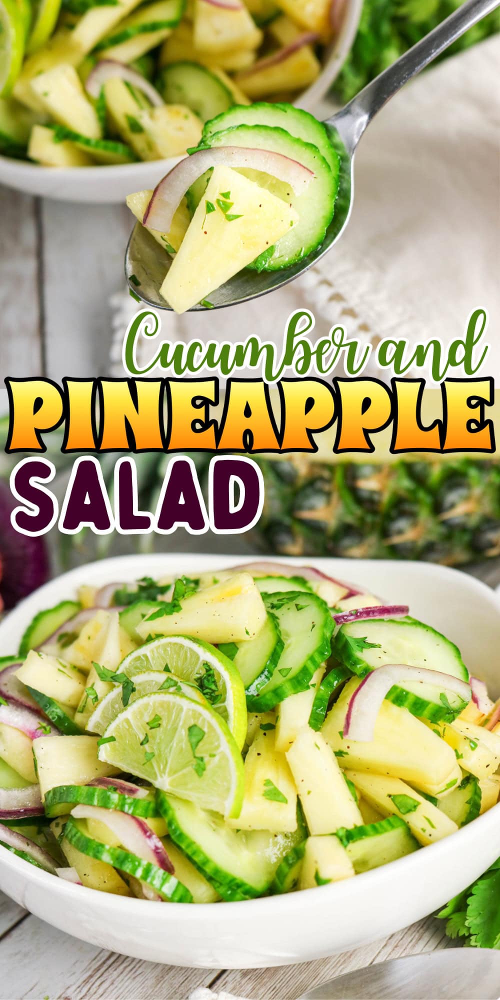 Bowl of cucumber and pineapple salad with lime and red onion slices.