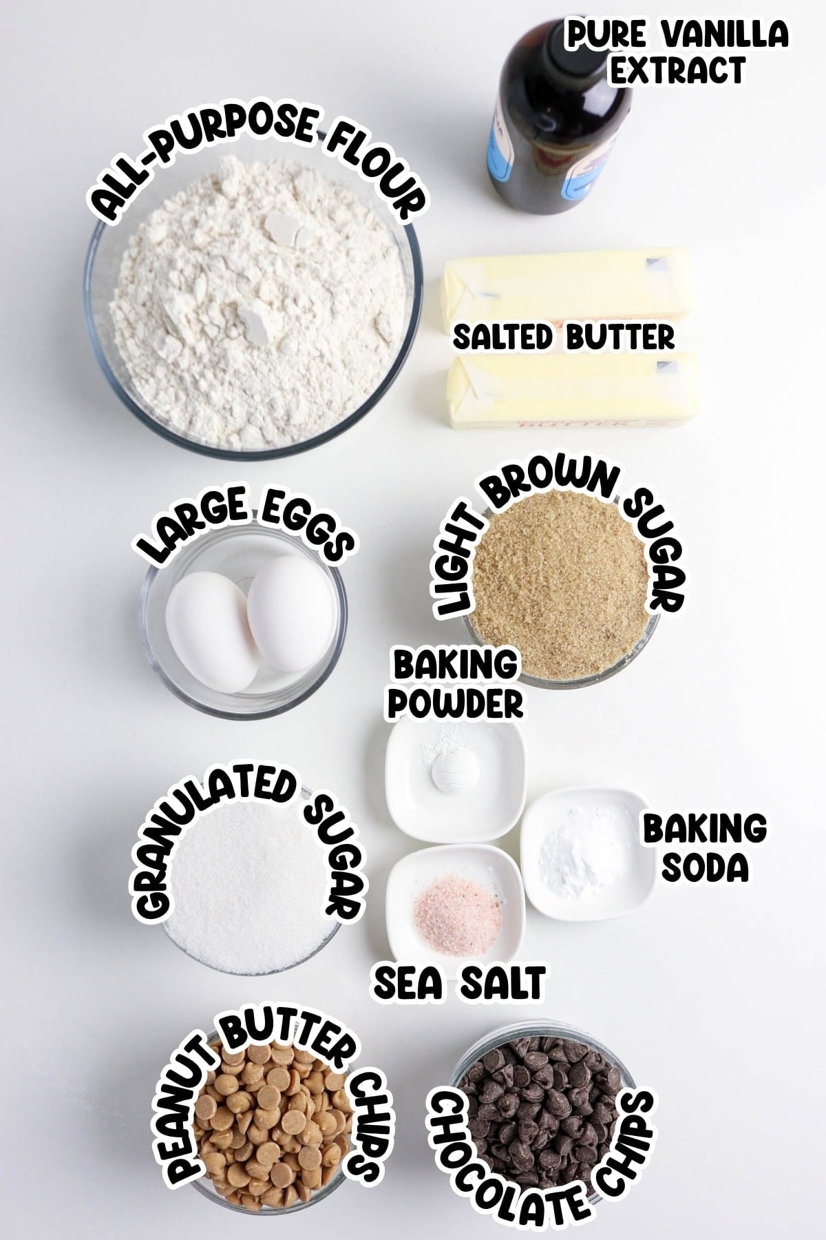 Baking ingredients including flour, butter, eggs, sugars, chips, and baking powders.