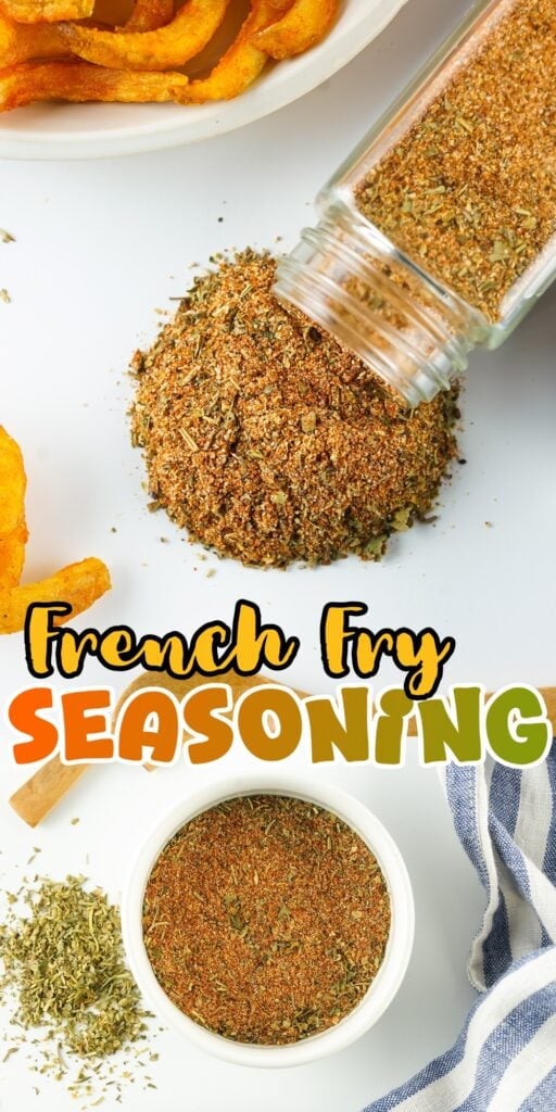 A jar and bowl of French fry seasoning with curly fries.