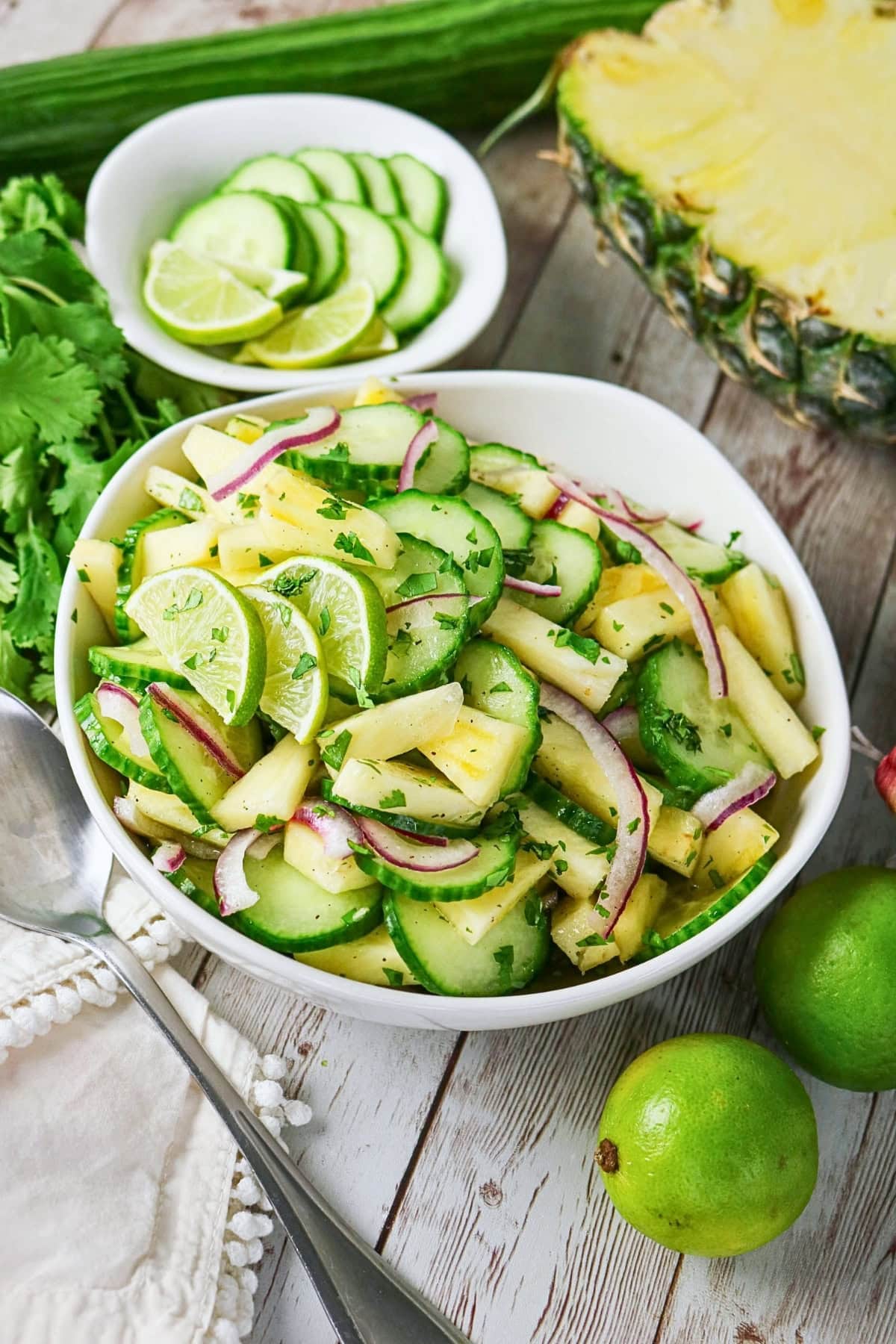 Bowl of cucumber, pineapple, red onion, and lime salad with fresh herbs.
