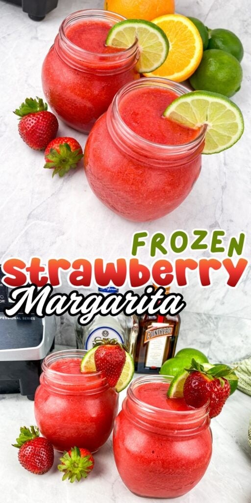 Two glasses of frozen strawberry margarita garnished with lime and fresh fruit.
