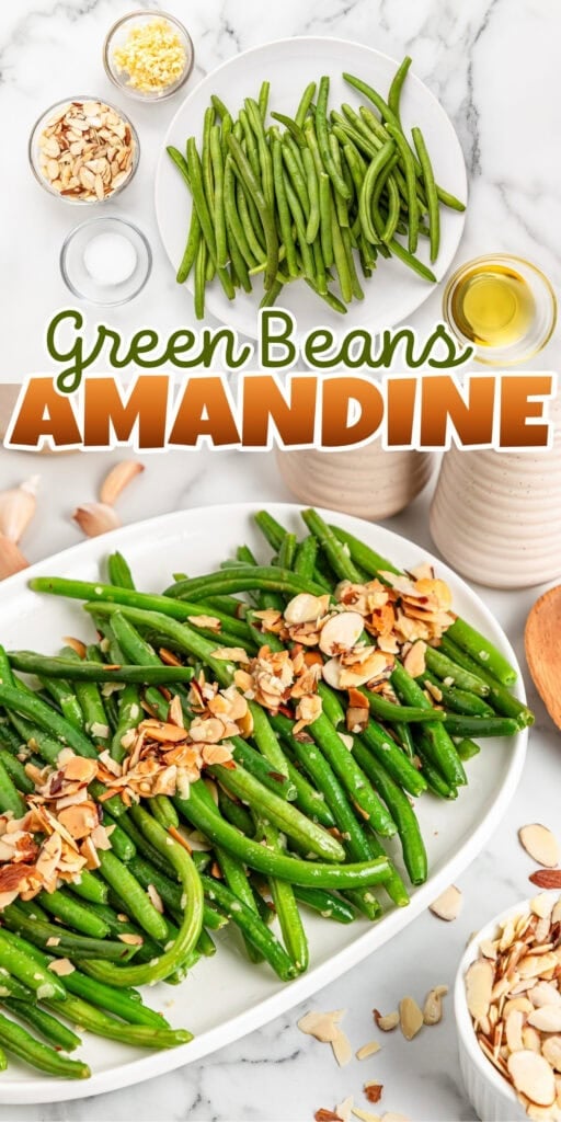 Green beans topped with toasted almonds on a white platter, surrounded by ingredients.