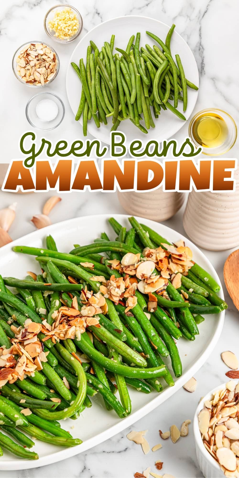 Green beans topped with toasted almonds on a white platter, surrounded by ingredients.