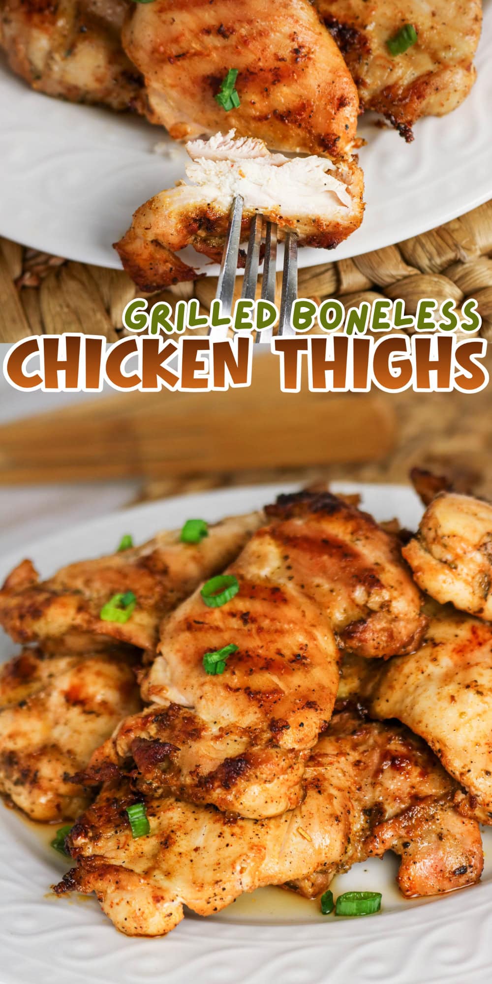 Grilled boneless chicken thighs garnished with chopped green onions on a plate.