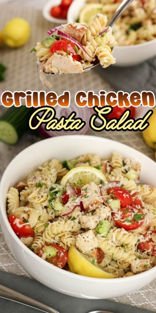 Bowl of grilled chicken pasta salad with tomatoes, lemon, and fresh herbs.