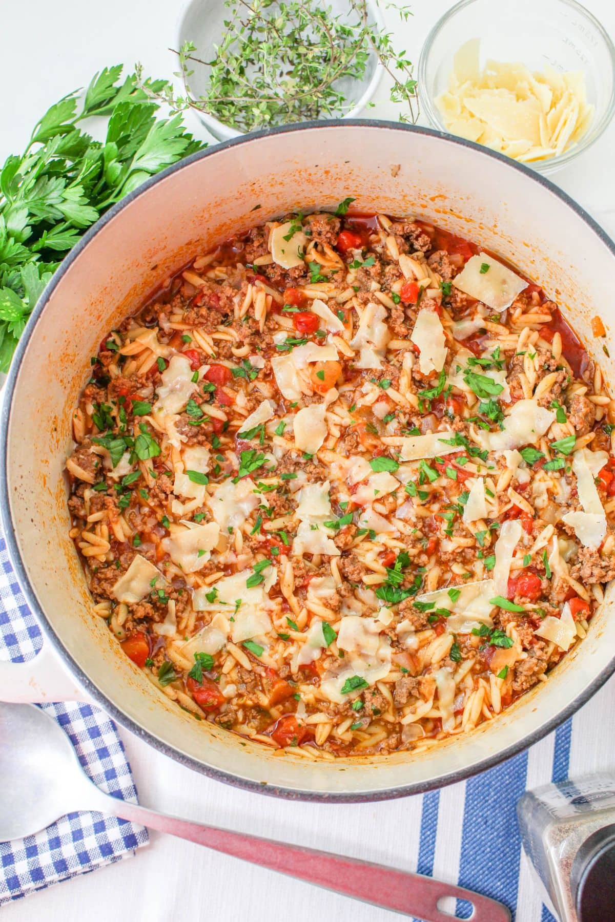 A pot of orzo pasta with ground meat, tomatoes, herbs, and shaved cheese on top.