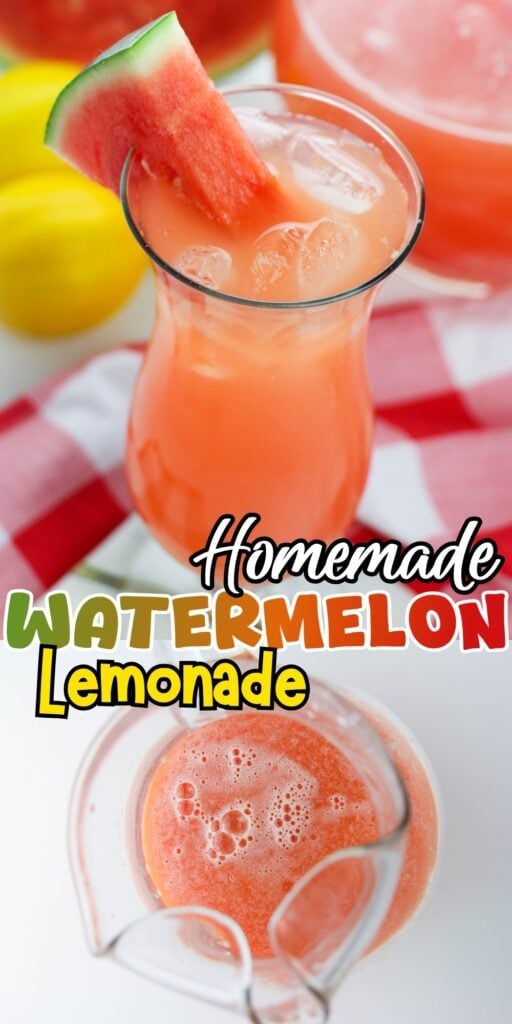 A glass of watermelon lemonade with ice and a watermelon slice garnish.