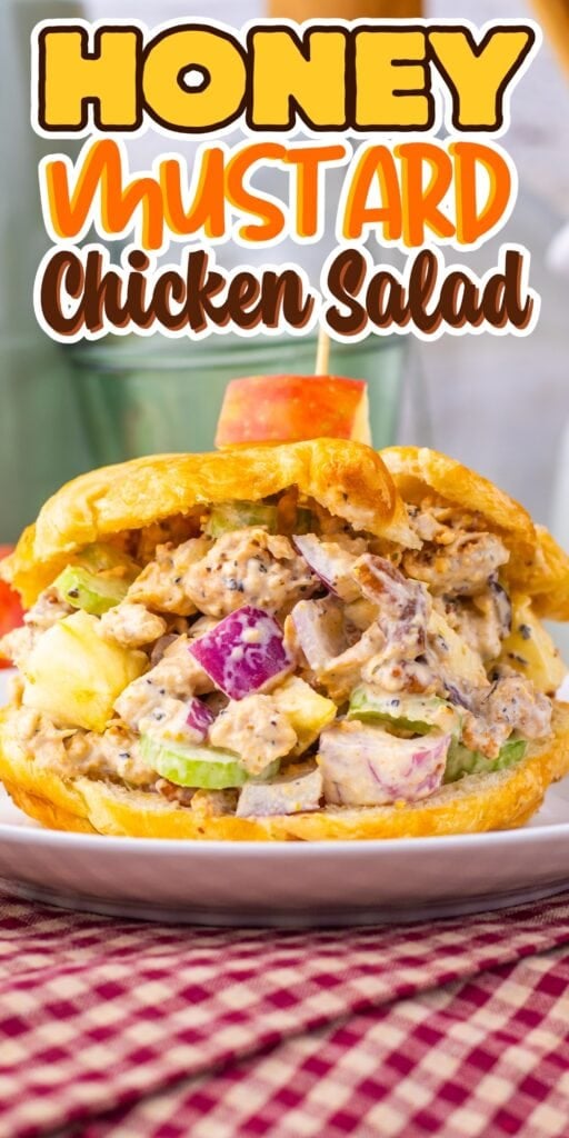 Honey mustard chicken salad sandwich on a croissant, with apple slice garnish.
