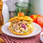 Chicken salad croissant sandwich with apples and celery, garnished with apple cube.