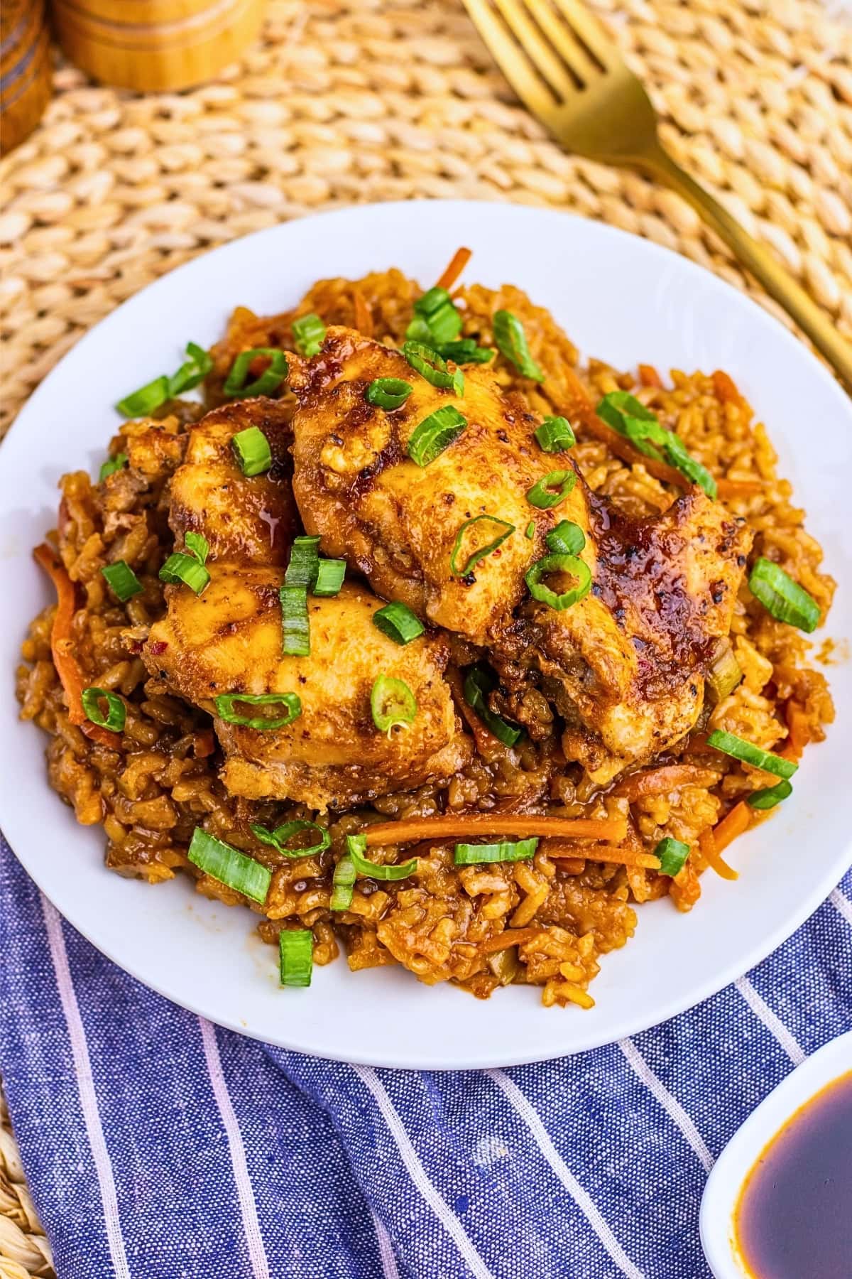 A plate of glazed chicken over seasoned rice, topped with chopped green onions.