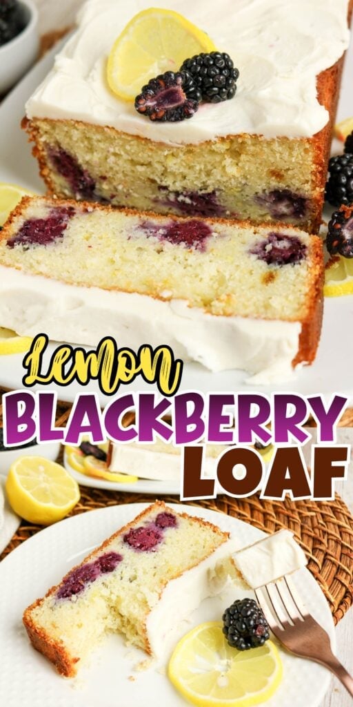 Lemon blackberry loaf cake with icing, lemon slices, and blackberries on top.