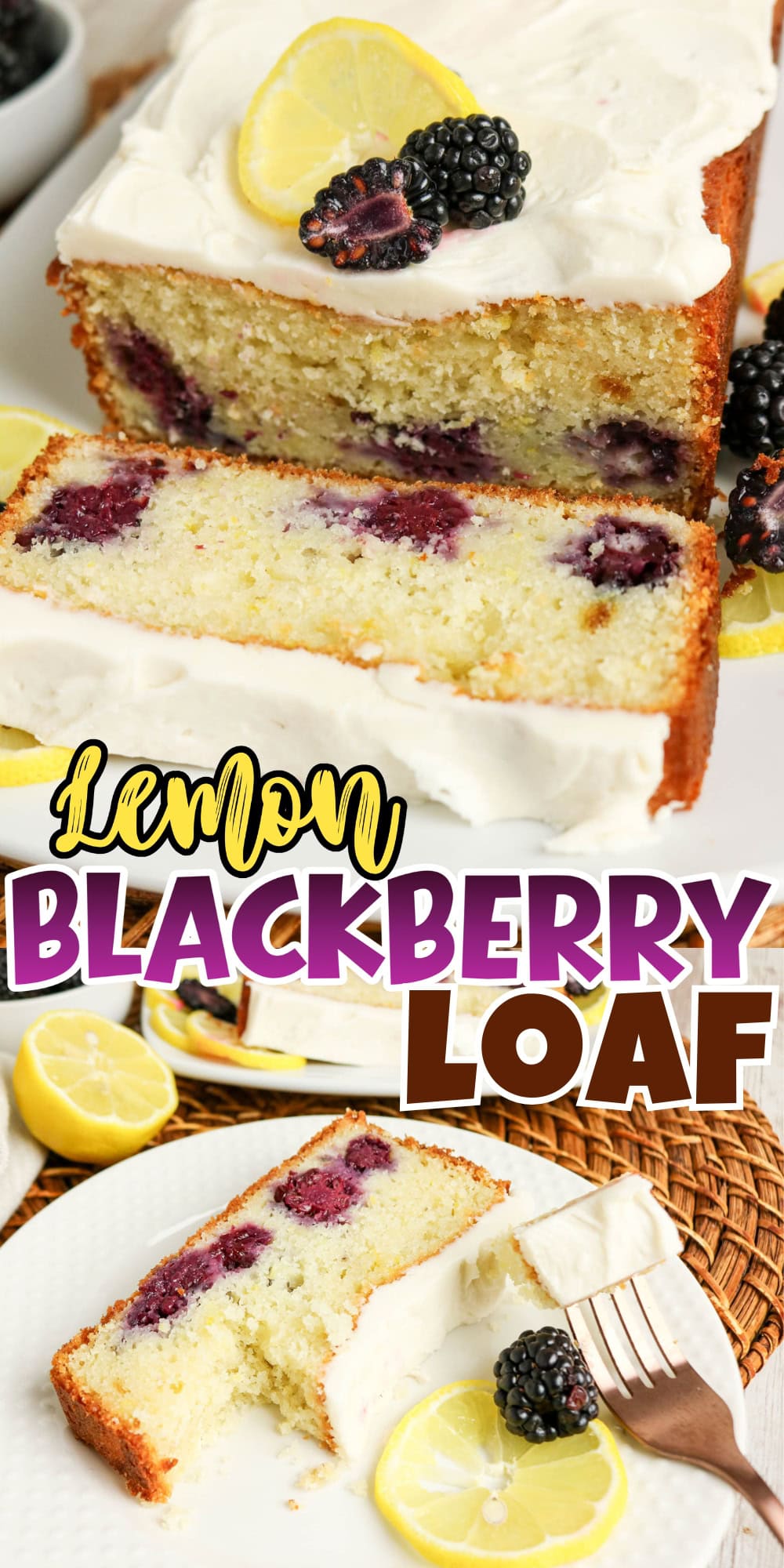 Lemon blackberry loaf cake with icing, lemon slices, and blackberries on top.