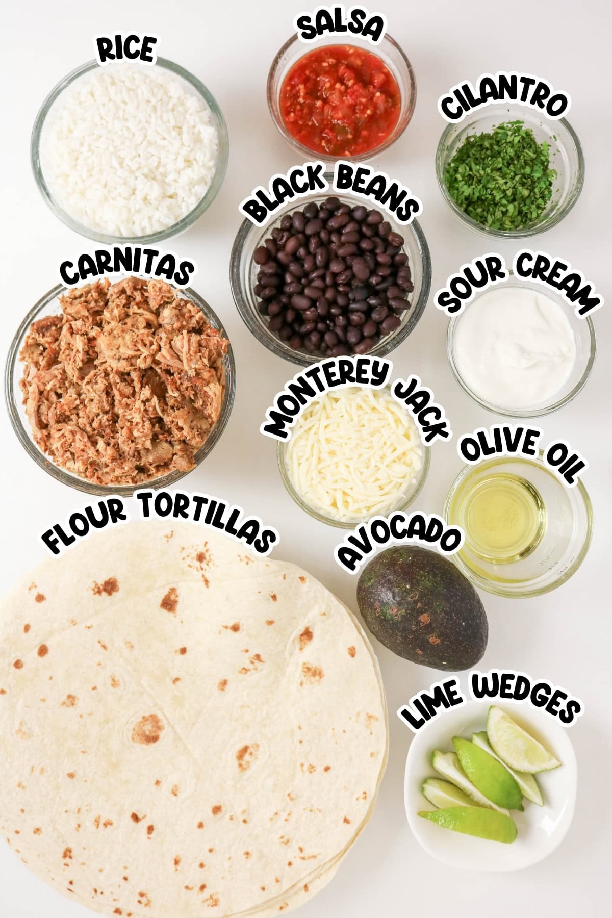 Taco ingredients: tortillas, carnitas, rice, beans, cheese, salsa, and toppings.