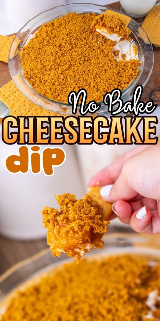 A hand dips a cracker into a dish of no bake cheesecake dip with crumbs on top.