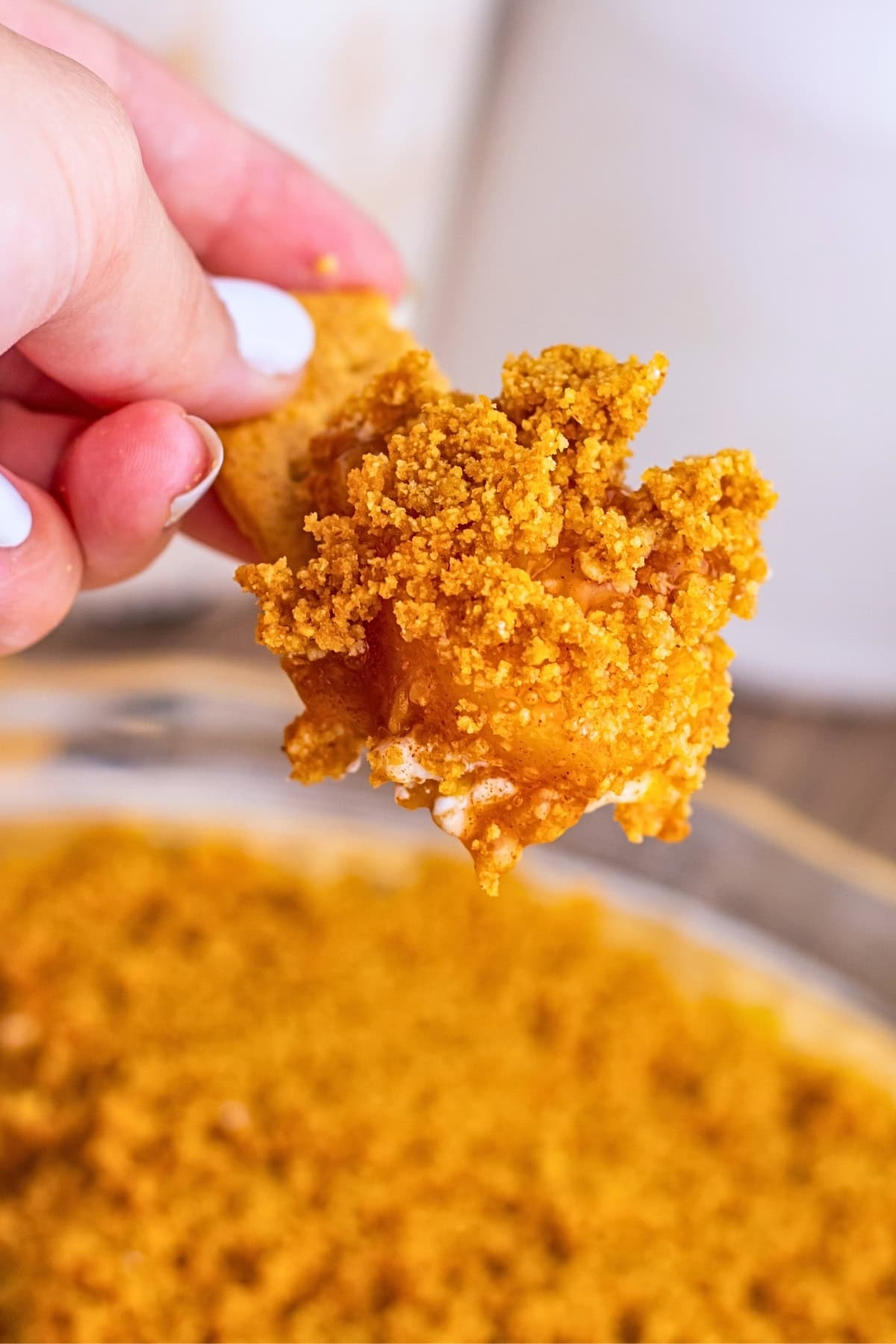 Hand holding a chip with cheesy, crumb-topped dip above a dish of the same dip.