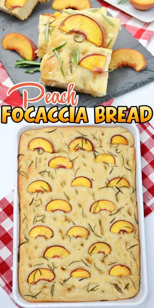 Peach focaccia topped with peach slices and rosemary on a slate and in a baking dish.