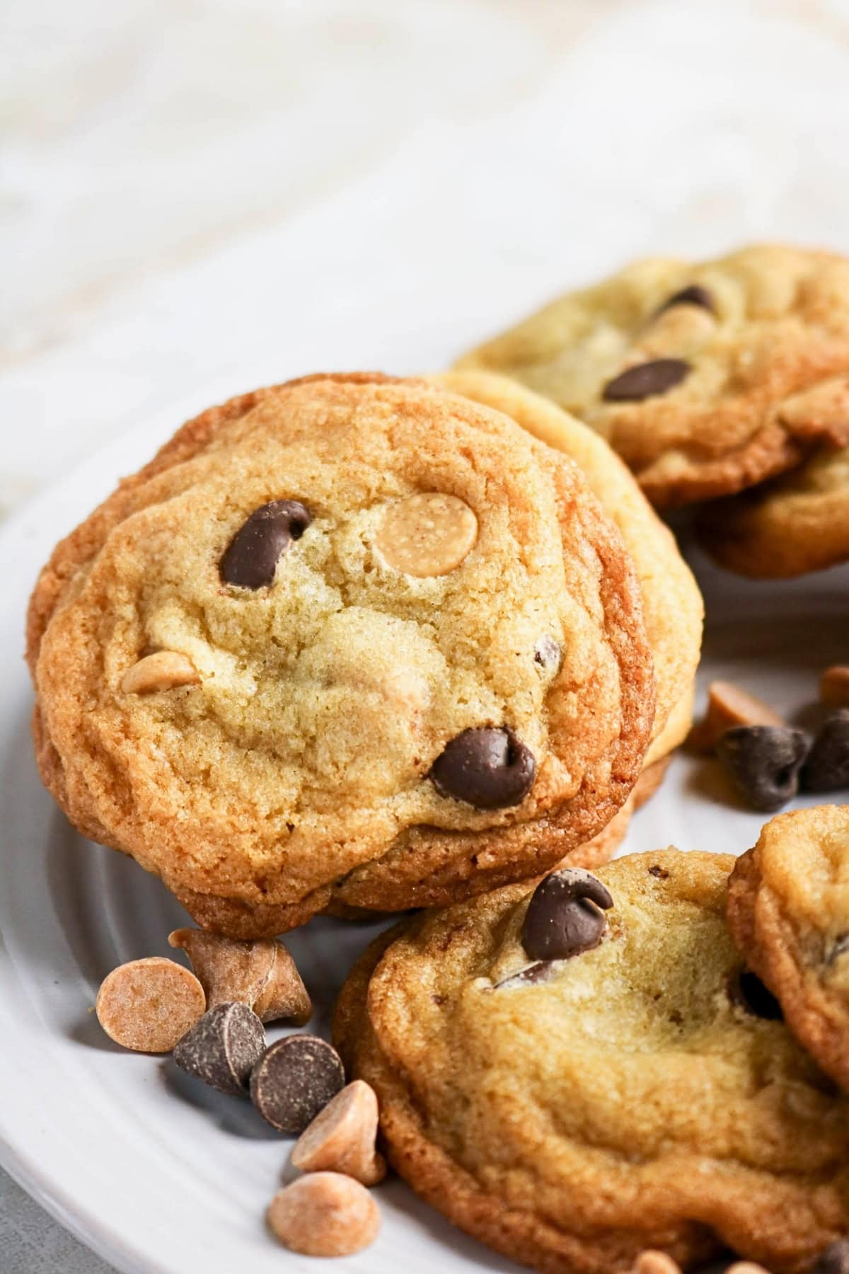 A plate of chocolate chip and butterscotch chip cookies with extra chips nearby.