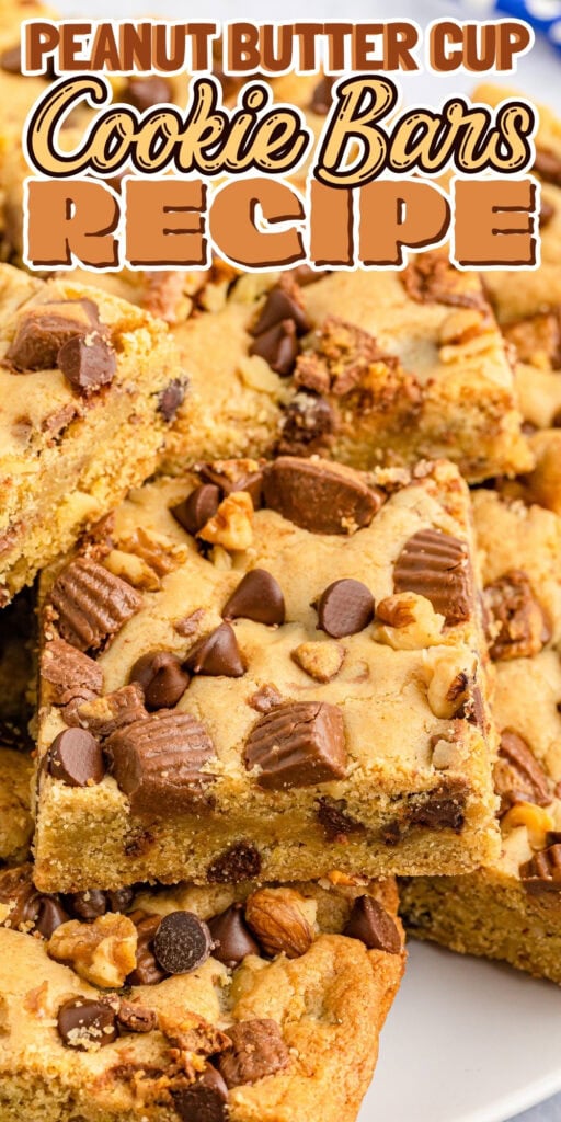 Peanut butter cup cookie bars topped with chocolate chips and nuts.