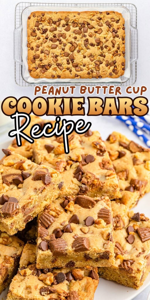 Peanut butter cup cookie bars cut into squares on a tray and stacked on a plate.
