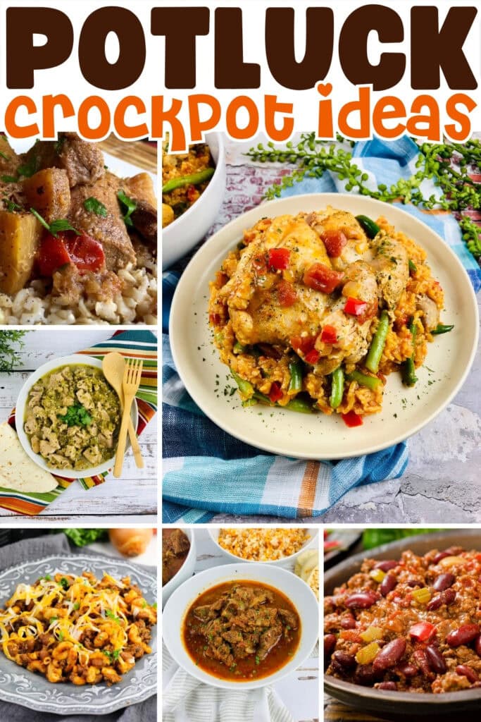 Six colorful crockpot potluck meals in bowls and plates.