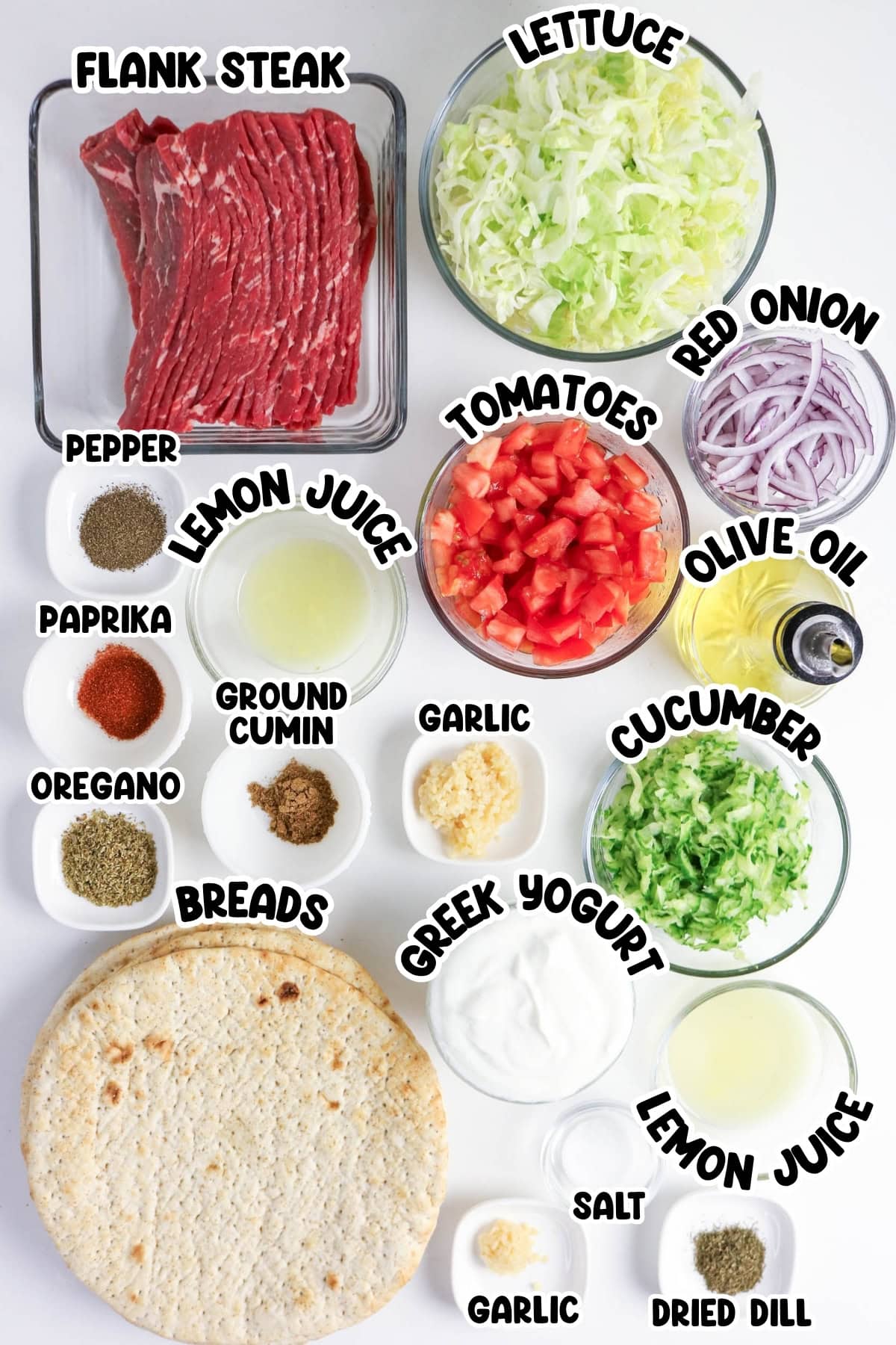 Flatlay of labeled gyro ingredients: steak, veggies, spices, yogurt, bread, and oil.