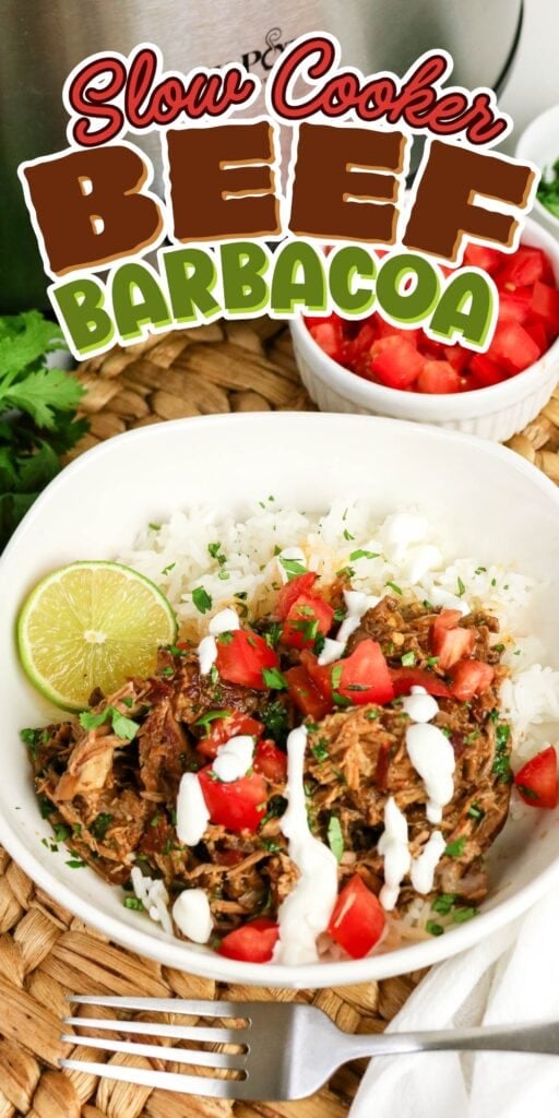A bowl of beef barbacoa on rice, topped with tomatoes, sauce, and a lime wedge.