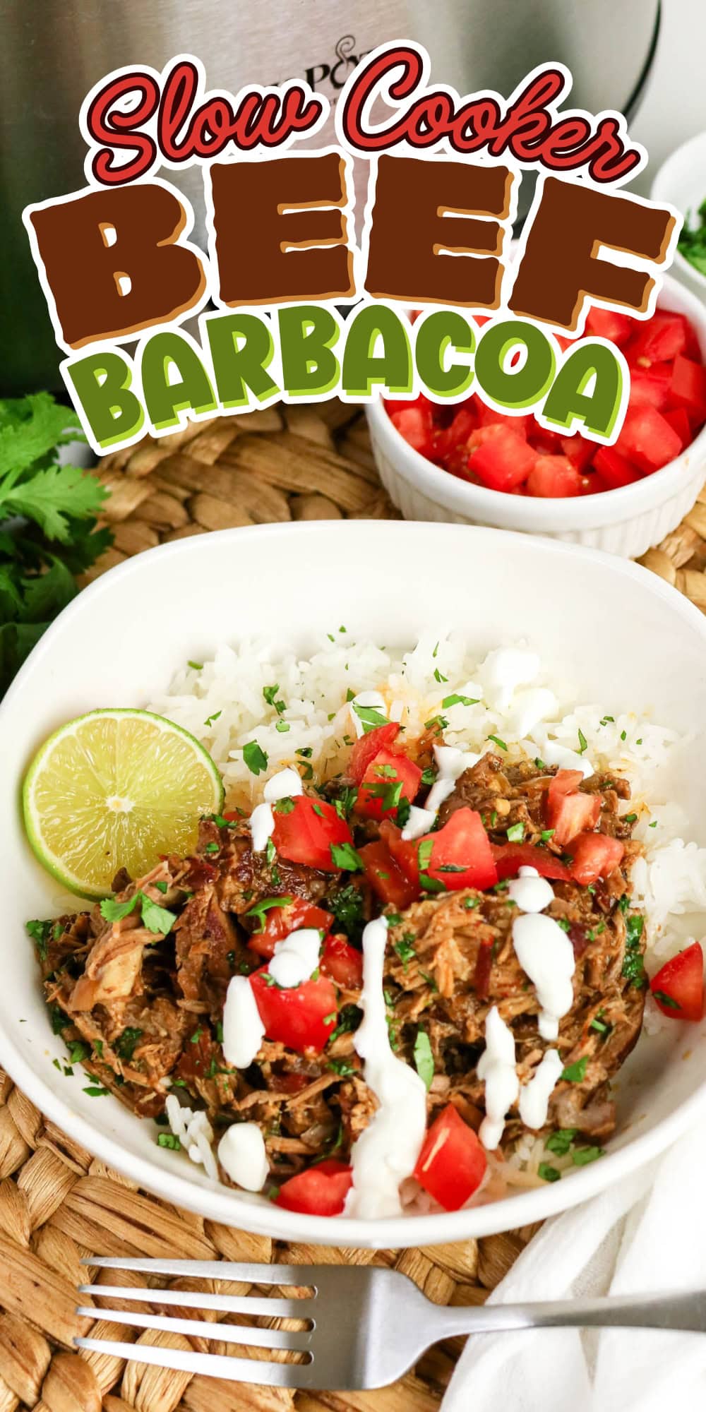 A bowl of beef barbacoa on rice, topped with tomatoes, sauce, and a lime wedge.