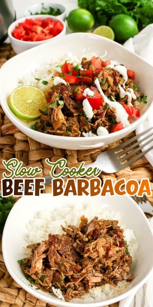 Two bowls of shredded beef barbacoa served over rice with toppings and lime.