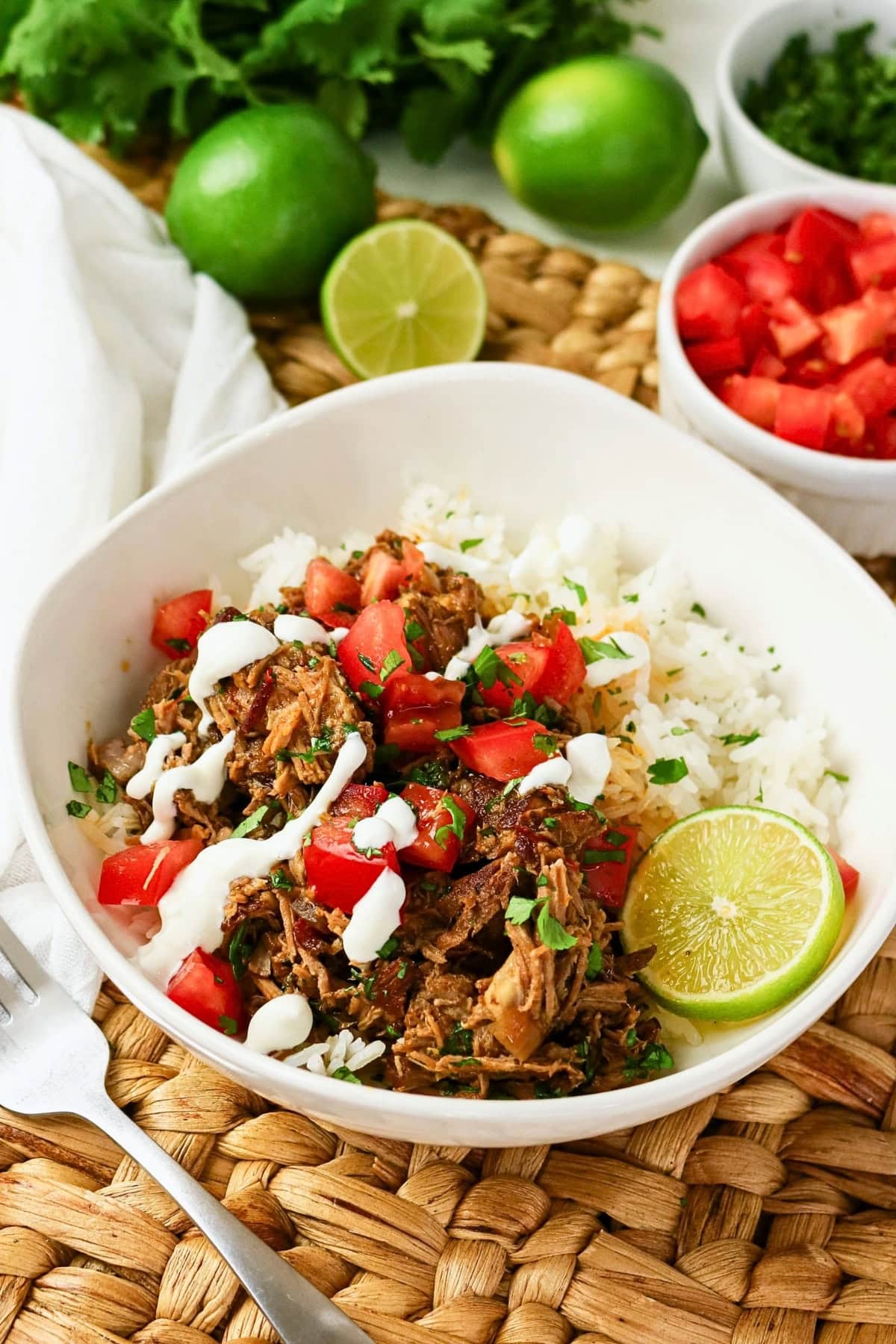 A bowl of shredded meat, rice, tomatoes, herbs, and a lime wedge with sauce.