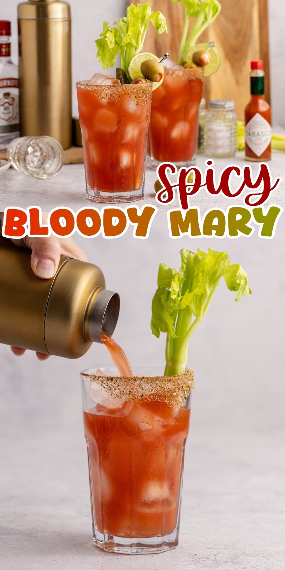 Spicy Bloody Mary cocktails with celery, olives, and rimmed glasses on a table.