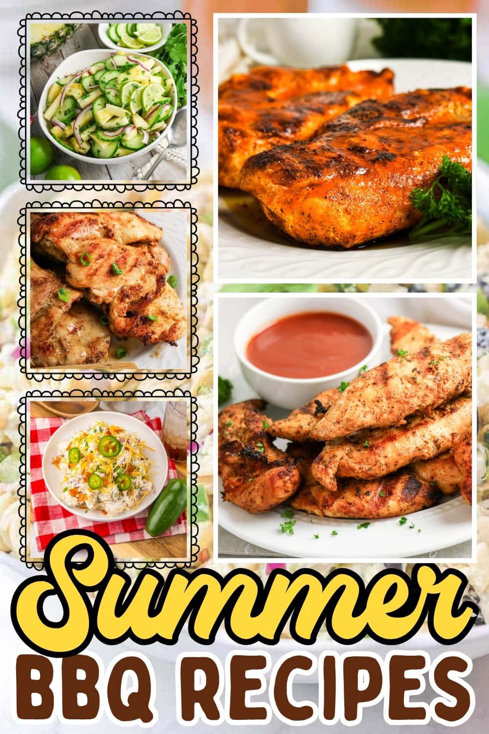 Grilled meats, salad, and sauce.