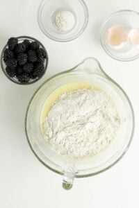 Glass bowl with flour mixture, blackberries, eggshells, and flour in small bowls.