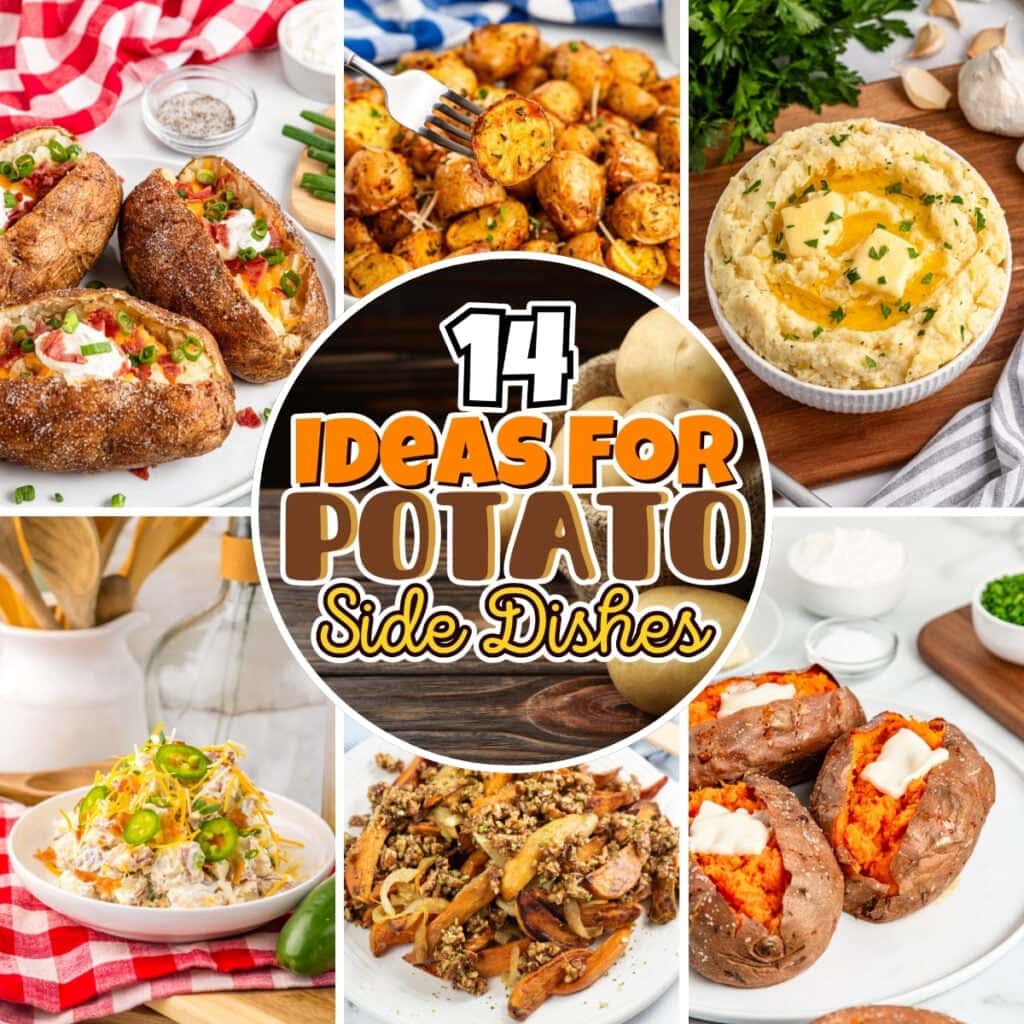 Various potato side dishes like baked, mashed, and roasted potatoes.
