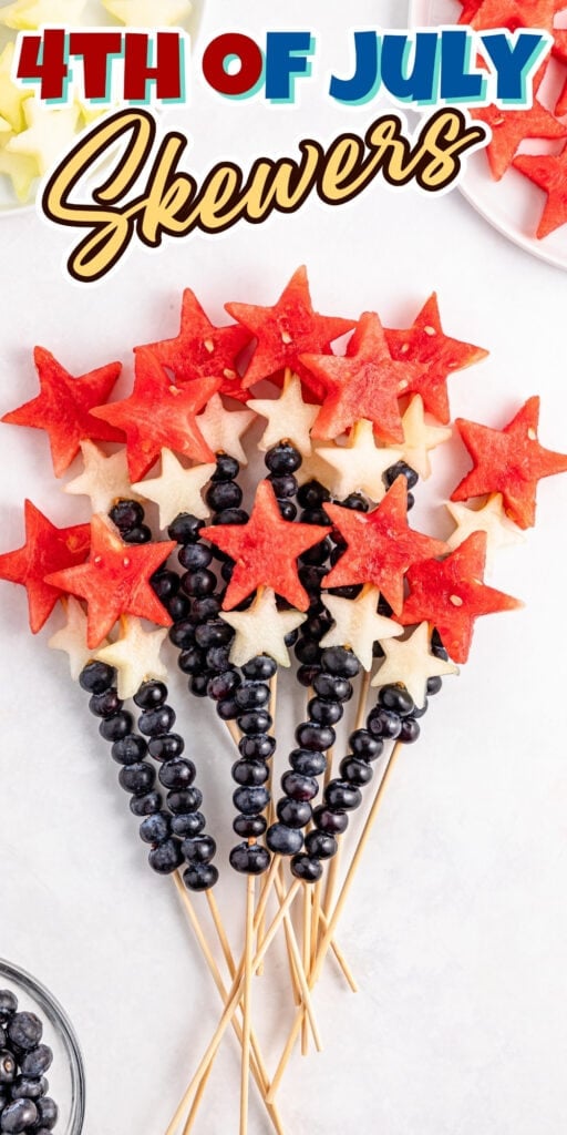 Fruit skewers with blueberries, watermelon, and star-shaped melon for 4th of July.