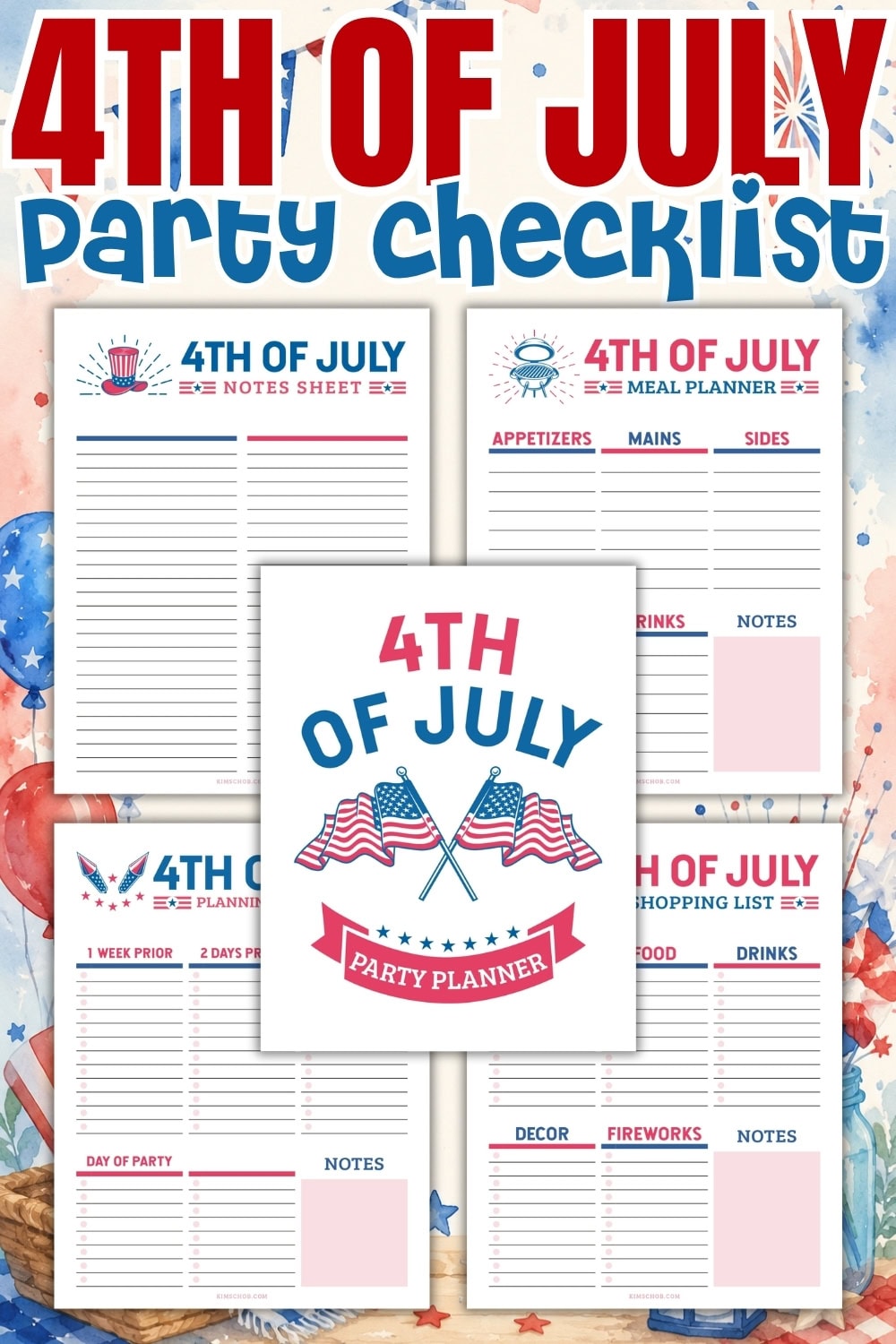 4th of July party planner checklist with festive red, white, and blue designs.