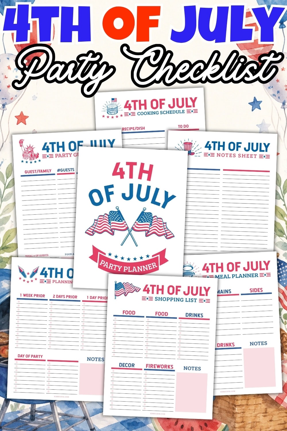 4th of July party planner pages with patriotic colors and decorative elements.