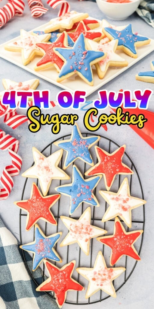 Star-shaped red, white, and blue sugar cookies for the 4th of July.