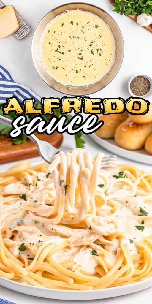 Plate of pasta with Alfredo sauce, bread rolls, and a bowl of creamy sauce.